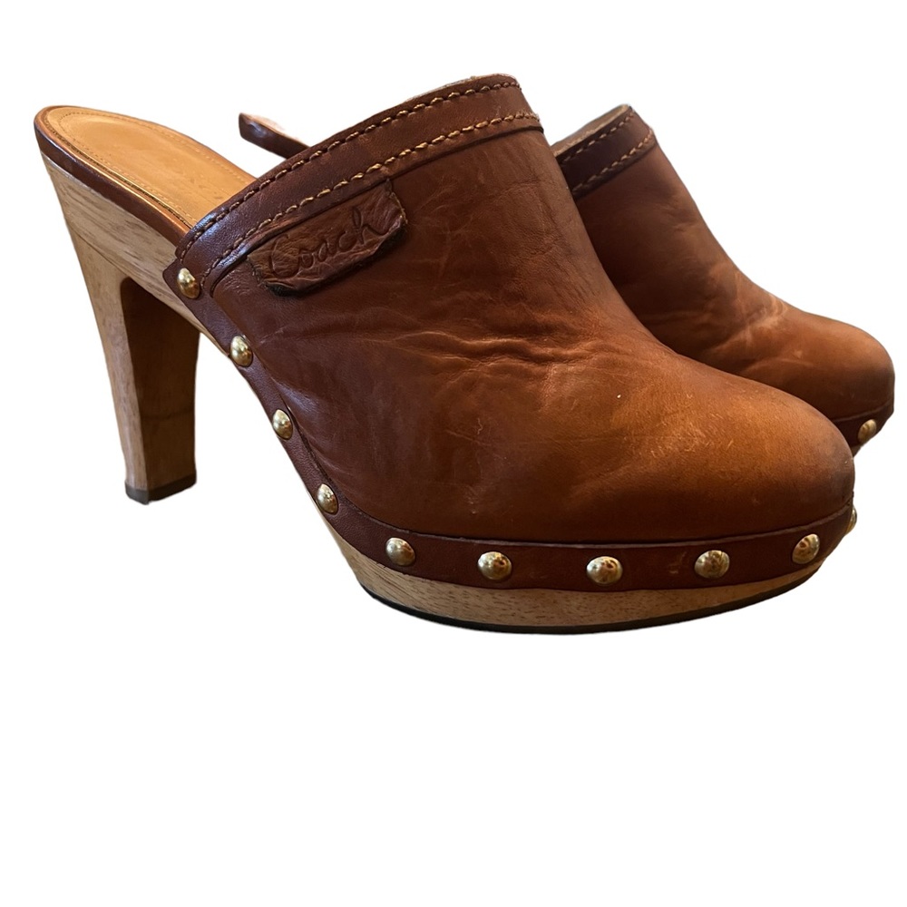 Leather Studded Brown Clog Heels - Picture 3 of 10